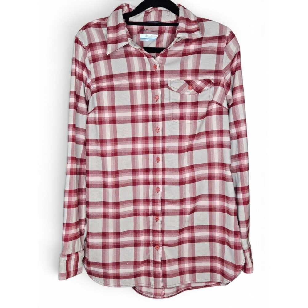 Columbia Omni-Wick Plaid Button Front Shirt Womens Size Small Red Roll Tab